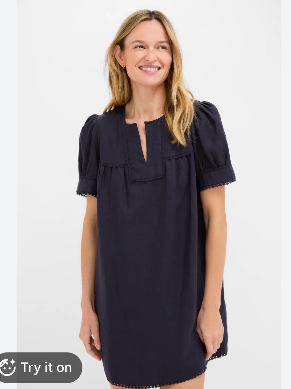 Tuckernuck Bridget Dress NEW Navy Linen Size XXXL 3XL Crochet Lace Trim Pockets
